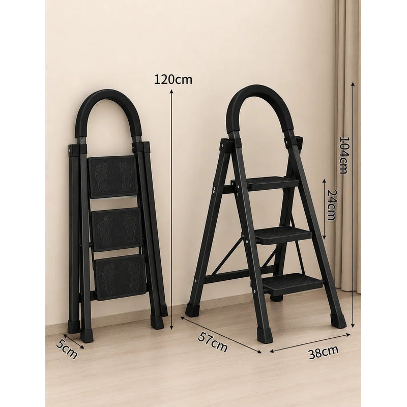 Escalera Antideslizante 3 Escalones Plegable Peldaños Anchos Negro