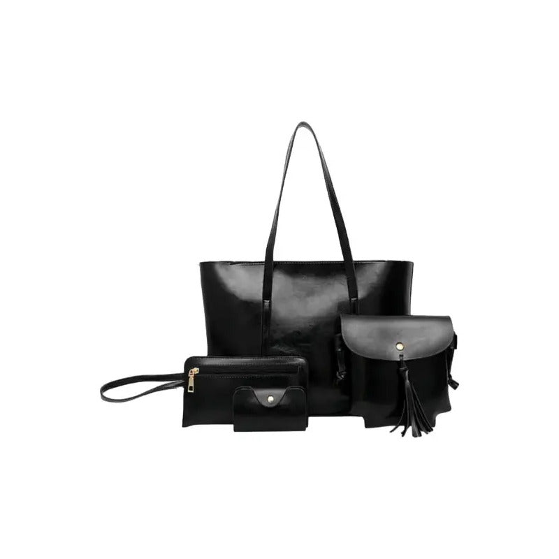 Set De Cartera X4 Bolso Monedero Billetera Eco Cuero Dama 1 Negro Lisa