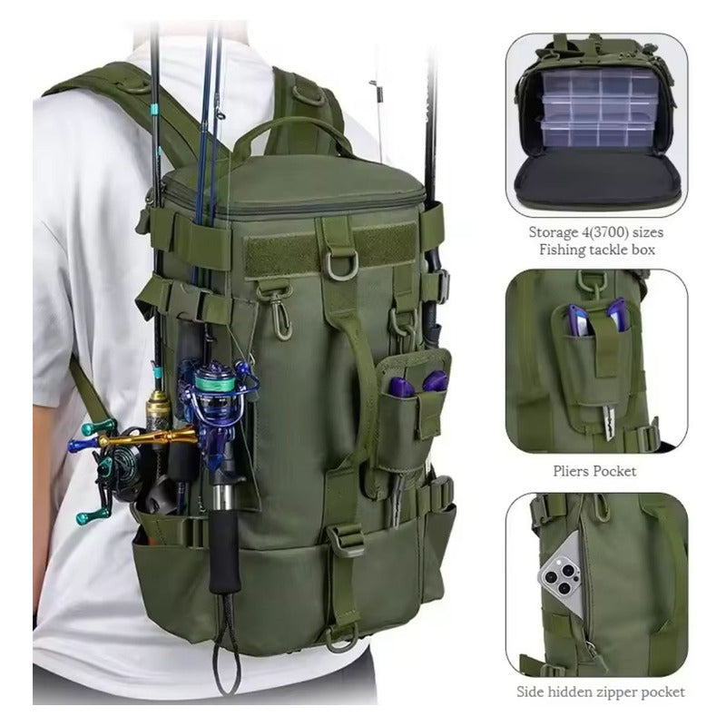 Mochila Para Pesca Camping Multifunción Impermeable Grande Verde Liso