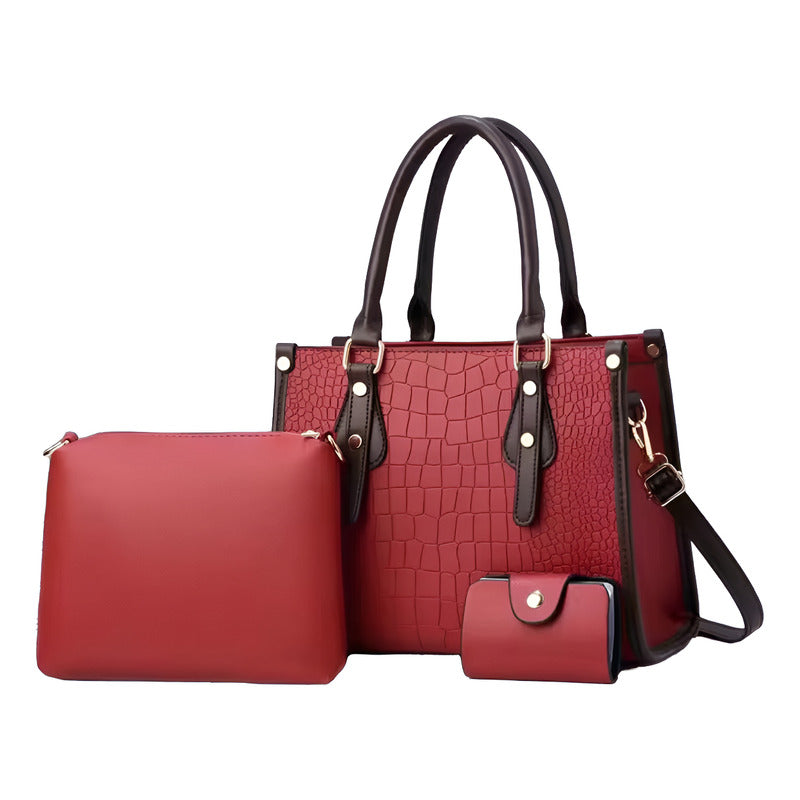 Set 3 Cartera Y Bolso De Mano Mujer Eco Cuero Dama Elegante Rojo Lisa Negro