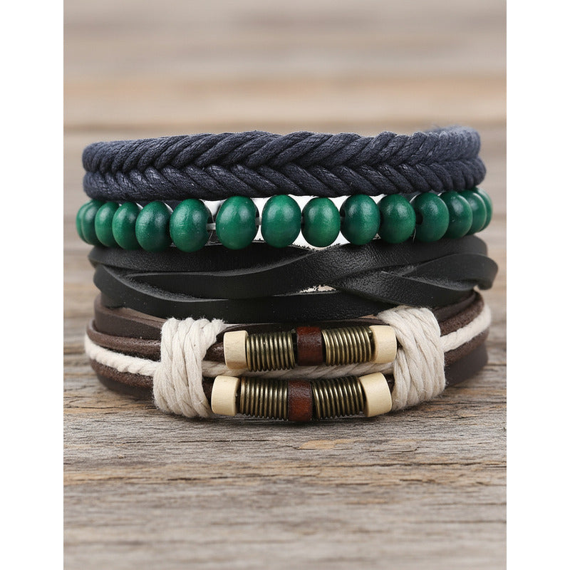 Pulsera De Cuero Sintético 5 En 1 Perlas Verdes Unisex Moda Perlas Verdes 10 Cm 18 Cm