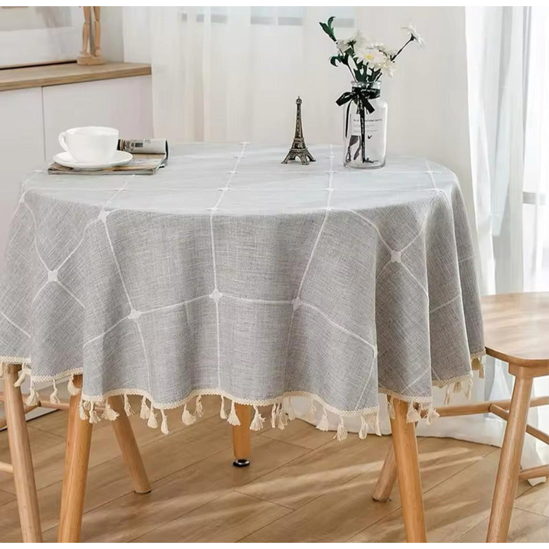 Mantel De Lino Y Algodón Redondo 150cm Nórdico Elegante Moda Gris