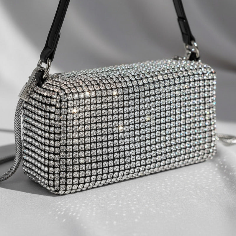 Cartera De Mano Brillos Negra Elegante Fiesta Mujer Noche Plateado