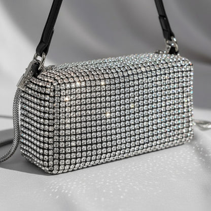 Cartera De Mano Brillos Negra Elegante Fiesta Mujer Noche Plateado