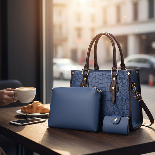 Set 3 Cartera Y Bolso De Mano Mujer Eco Cuero Dama Elegante Azul Lisa Negro