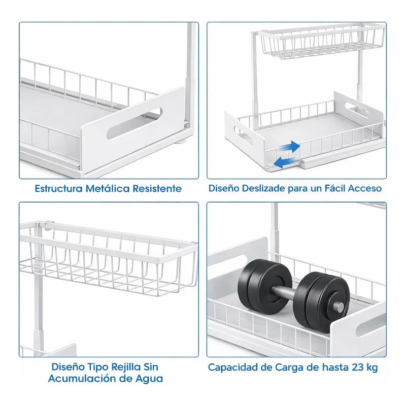 Organizador De Cocina Bajo Mesada Deslizante Multiuso Baño Blanco