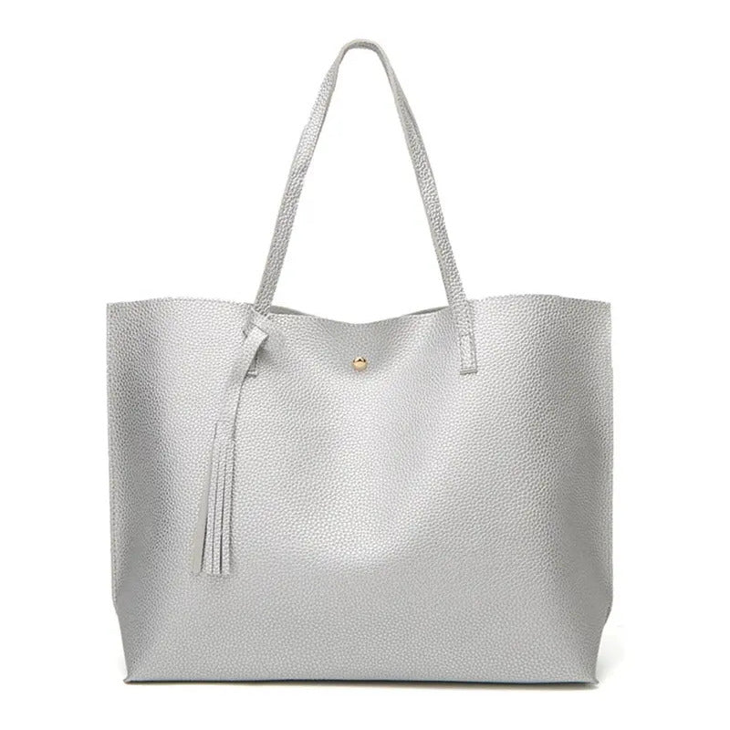 Cartera Mujer Bolso Dama Grande De Mano Cuerina Eco Cuero 1 Plateado Lisa