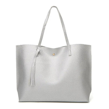 Cartera Mujer Bolso Dama Grande De Mano Cuerina Eco Cuero 1 Plateado Lisa