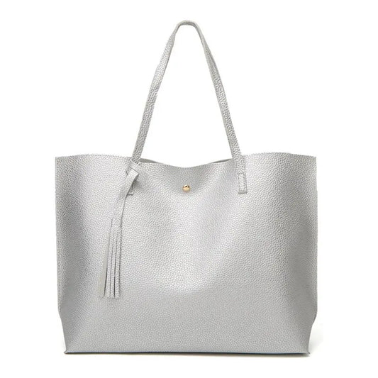 Cartera Mujer Bolso Dama Grande De Mano Cuerina Eco Cuero 1 Plateado Lisa