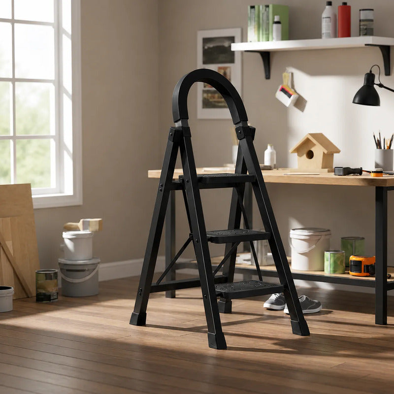 Escalera Antideslizante 3 Escalones Plegable Peldaños Anchos Negro