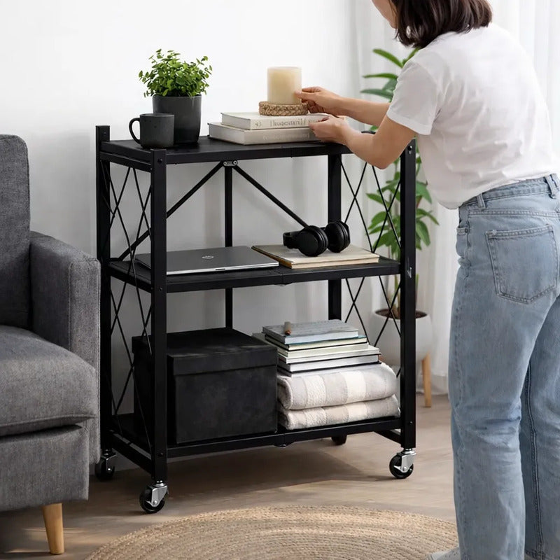 Estantería Plegable Metálica 3 Niveles Con Ruedas Resistente Negro