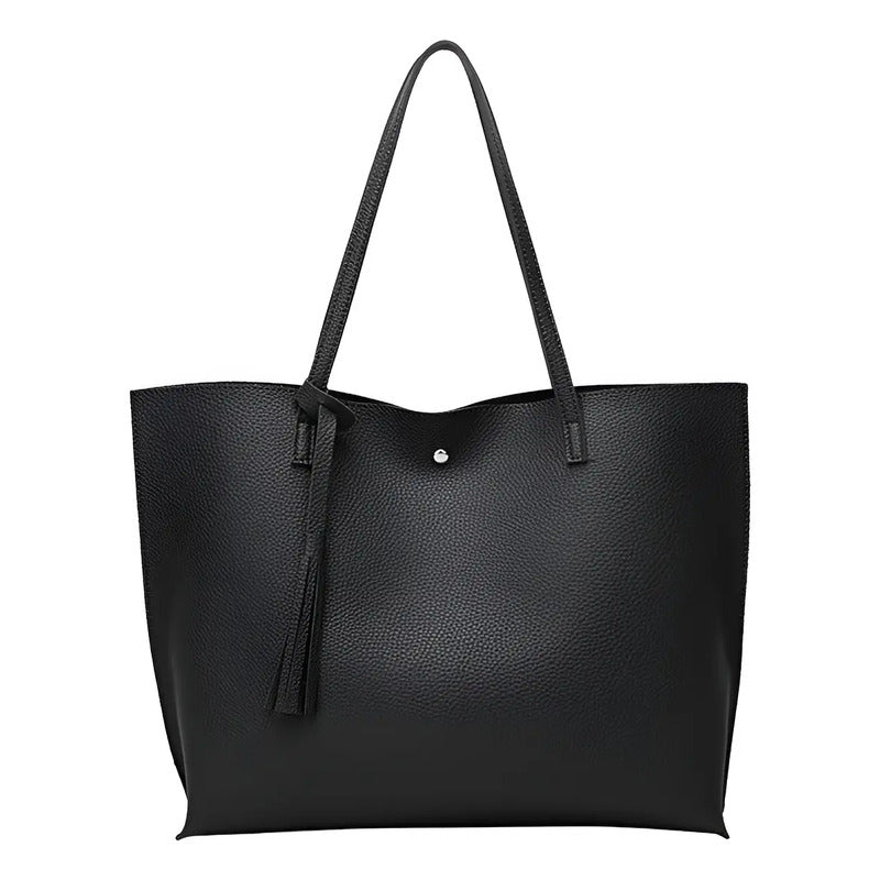Cartera Mujer Bolso Dama Grande De Mano Cuerina Eco Cuero 1 Negro Lisa