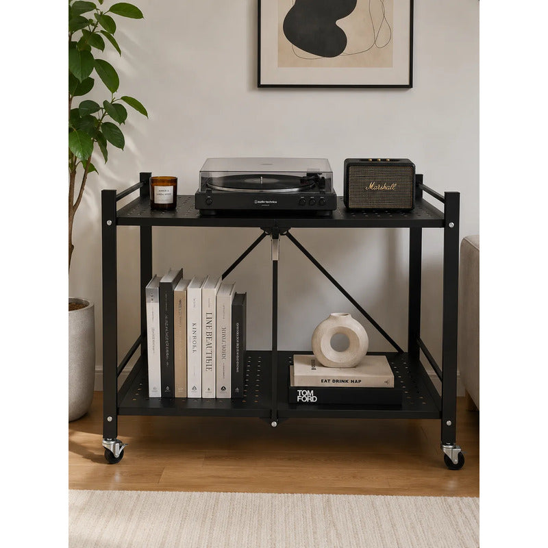 Estantería Metálica 2 Niveles Plegable Con Ruedas Resistente Negro