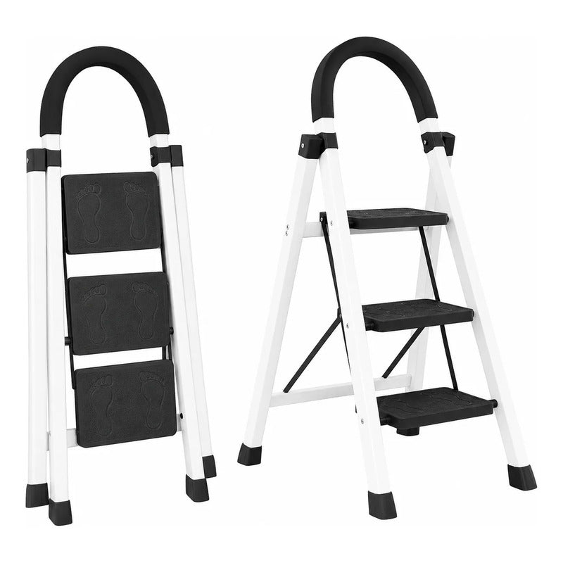 Escalera Antideslizante 3 Escalones Plegable Peldaños Anchos Blanco