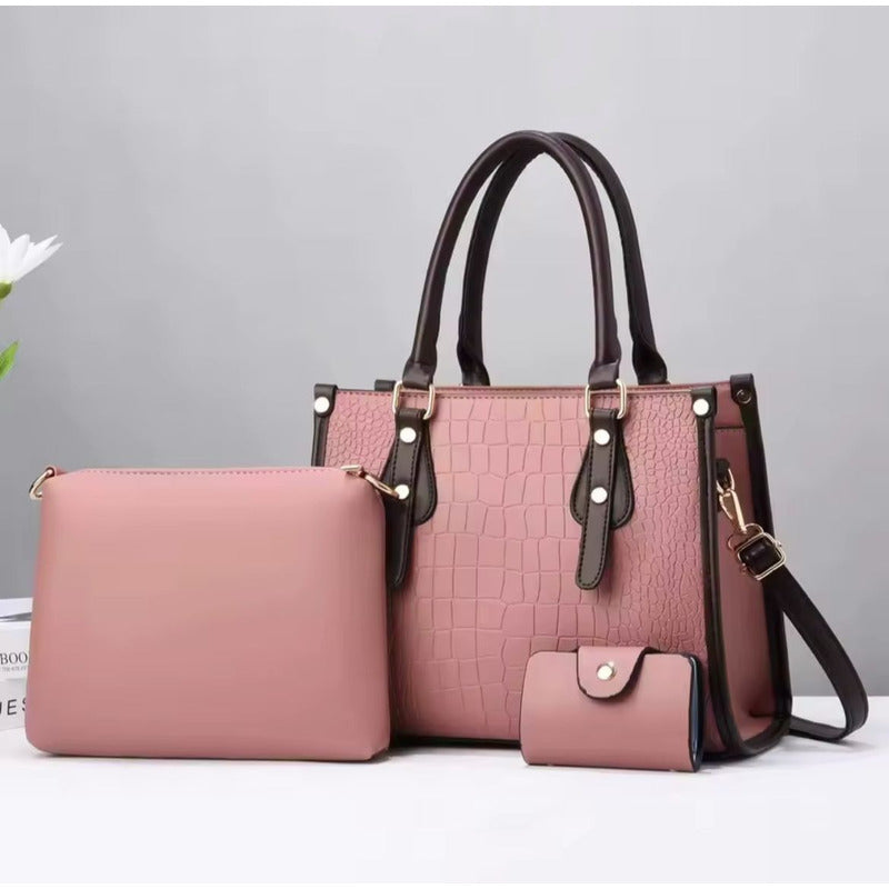 Set 3 Cartera Y Bolso De Mano Mujer Eco Cuero Dama Elegante Rosa Lisa Negro