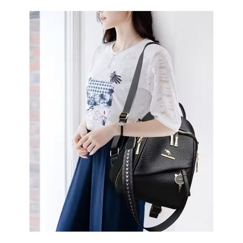 Mochila Mujer Eco Cuero Urbana Bolso Dama Antirrobo Negro Negro Liso