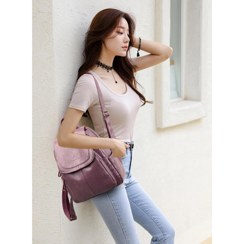 Mochila Dama Bolso Mujer Cuerina Eco Cuero Bolsillo Solapac3