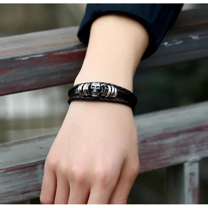 Pulsera De Cuero Sintético Modelo Calavera Urbano Moderno Negro 9 Cm 17 Cm