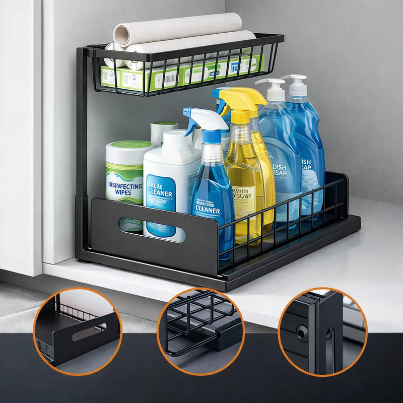 Organizador De Cocina Bajo Mesada Deslizante Multiuso Baño Negro