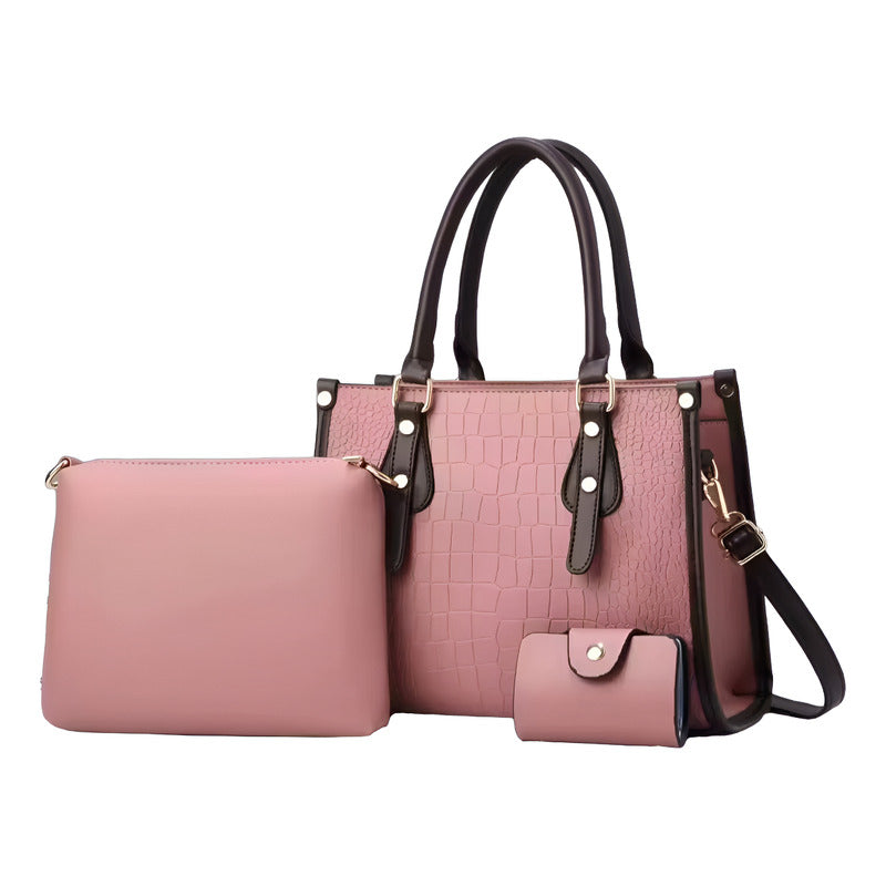 Set 3 Cartera Y Bolso De Mano Mujer Eco Cuero Dama Elegante Rosa Lisa Negro
