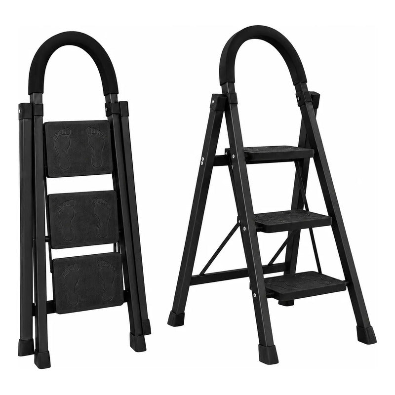 Escalera Antideslizante 3 Escalones Plegable Peldaños Anchos Negro