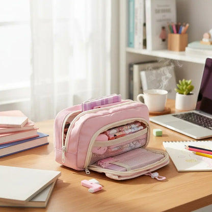 Cartuchera Infantil Grande Triple Cierre Escolar Organizada Rosa Lisa