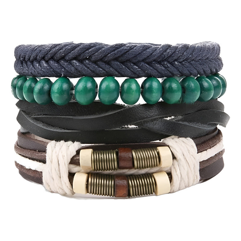 Pulsera De Cuero Sintético 5 En 1 Perlas Verdes Unisex Moda Perlas Verdes 10 Cm 18 Cm