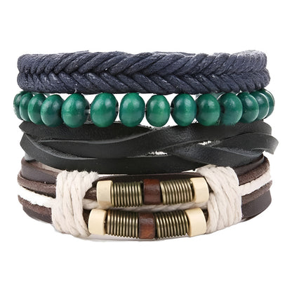 Pulsera De Cuero Sintético 5 En 1 Perlas Verdes Unisex Moda Perlas Verdes 10 Cm 18 Cm