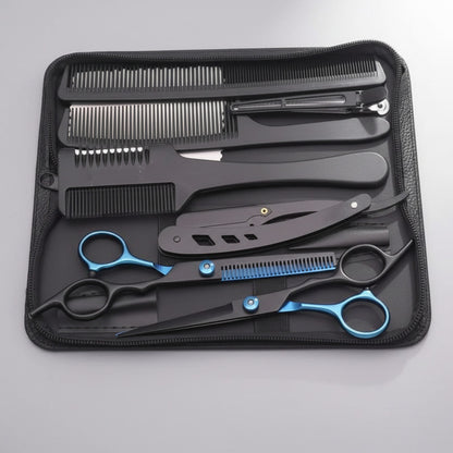 Kit De Tijeras Para Peluquería Navaja Y Peines Profesional Negra Y Azul