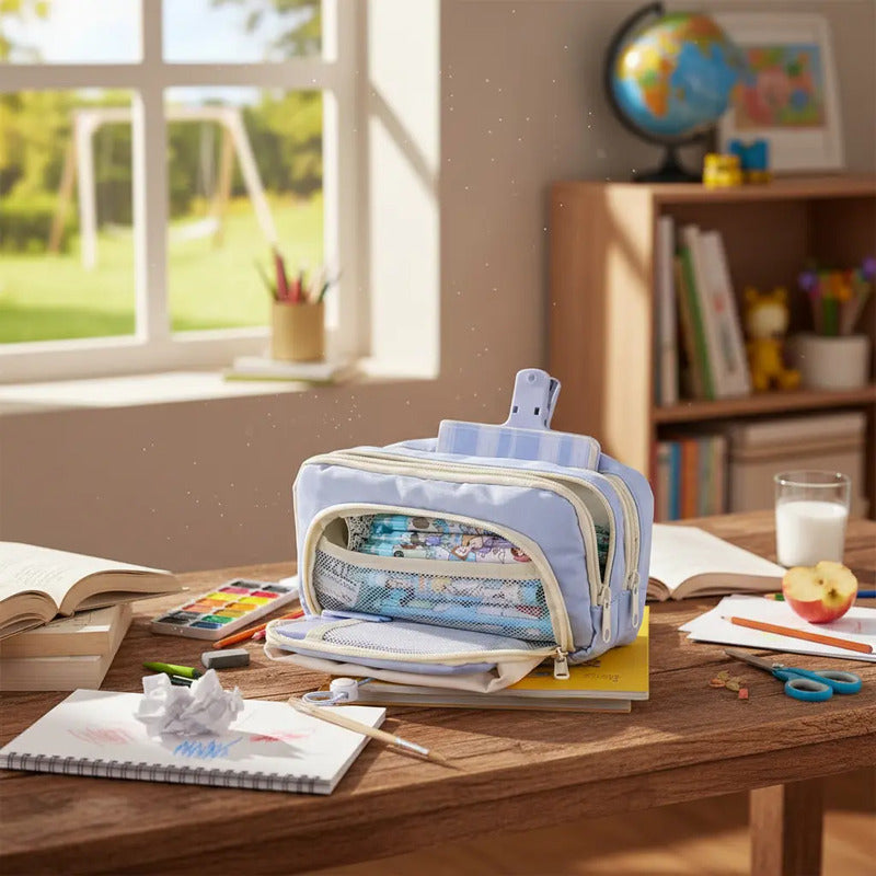 Cartuchera Infantil Grande Triple Cierre Escolar Organizada Celeste Lisa