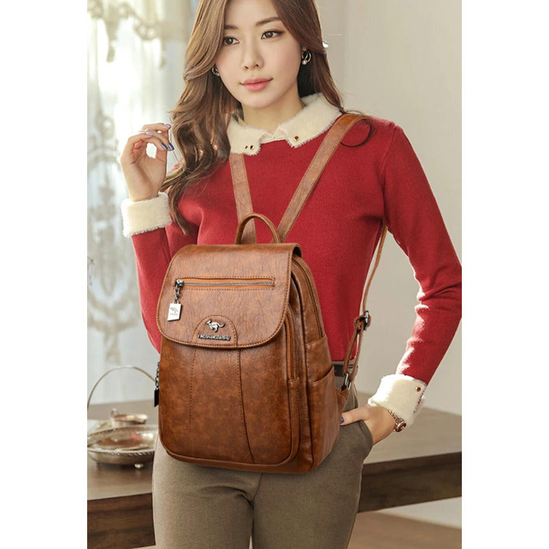 Mochila Eco Cuero Dama Mujer Bolso Impermeable Solapa 2
