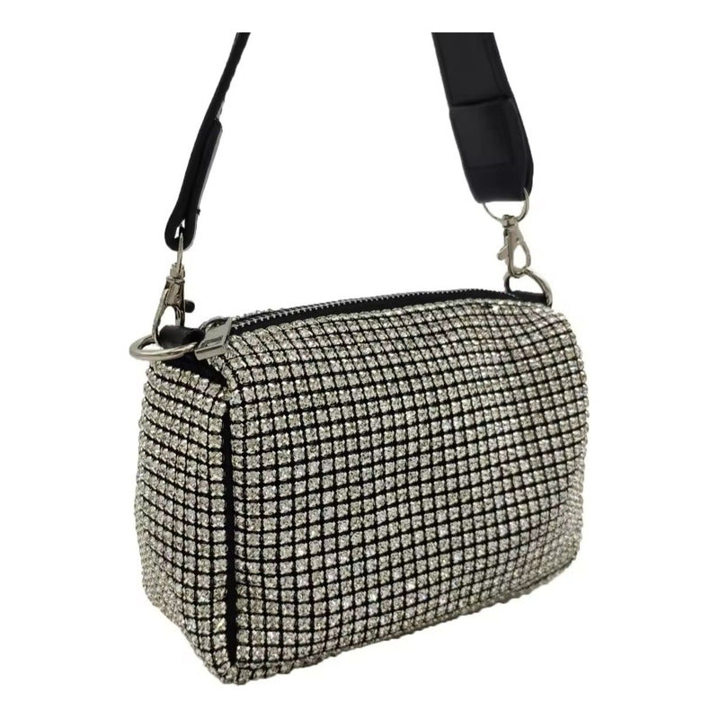 Cartera De Mano Brillos Negra Elegante Fiesta Mujer Noche Dorado