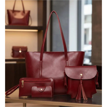 Set De Cartera X4 Bolso Monedero Billetera Eco Cuero Dama 1 Rojo Lisa