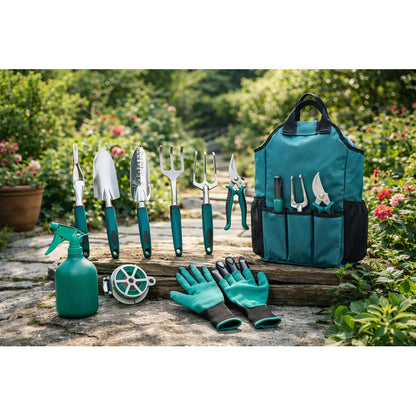 Kit De Jardinería Set X11 Piezas Estuche Pala Pinza Tijeras Verde