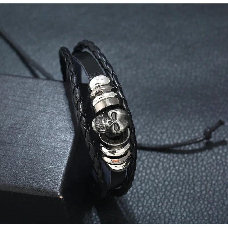 Pulsera De Cuero Sintético Modelo Calavera Urbano Moderno Negro 9 Cm 17 Cm