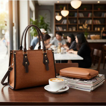 Set 3 Cartera Y Bolso De Mano Mujer Eco Cuero Dama Elegante Marrón Lisa Negro