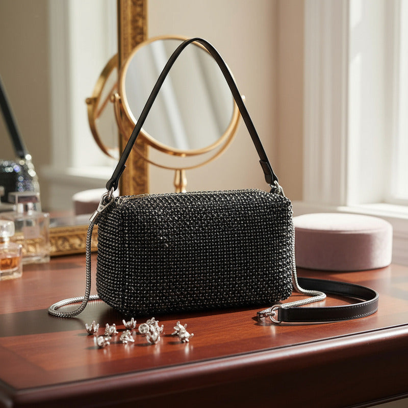 Cartera De Mano Brillos Negra Elegante Fiesta Mujer Noche Negro