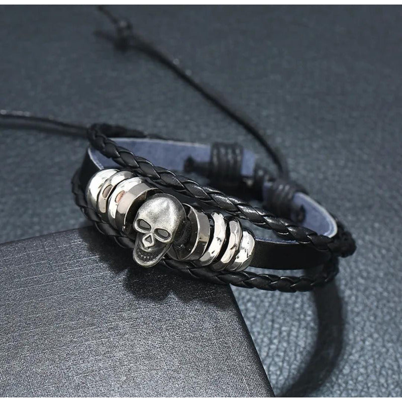 Pulsera De Cuero Sintético Modelo Calavera Urbano Moderno Negro 9 Cm 17 Cm