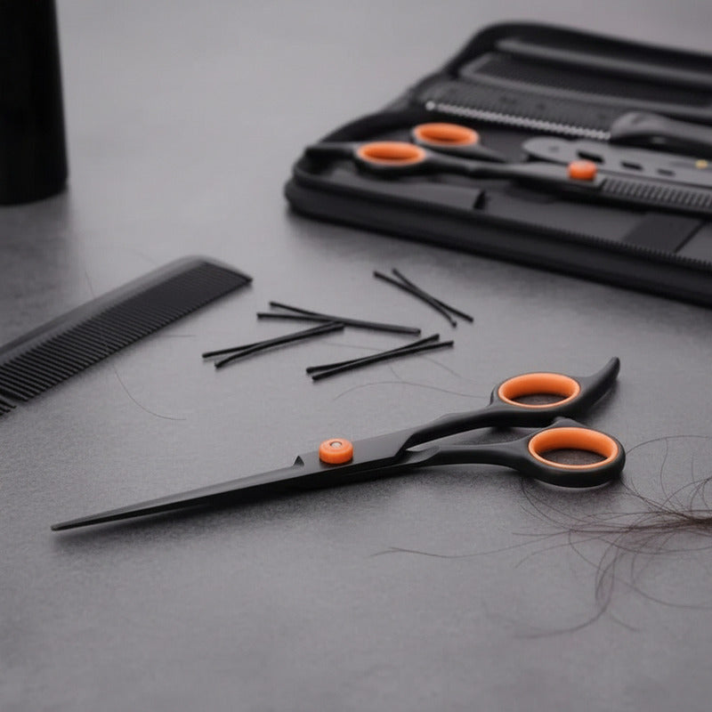 Kit De Tijeras Para Peluquería Navaja Y Peines Profesional Negro Y Naranja