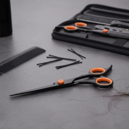 Kit De Tijeras Para Peluquería Navaja Y Peines Profesional Negro Y Naranja