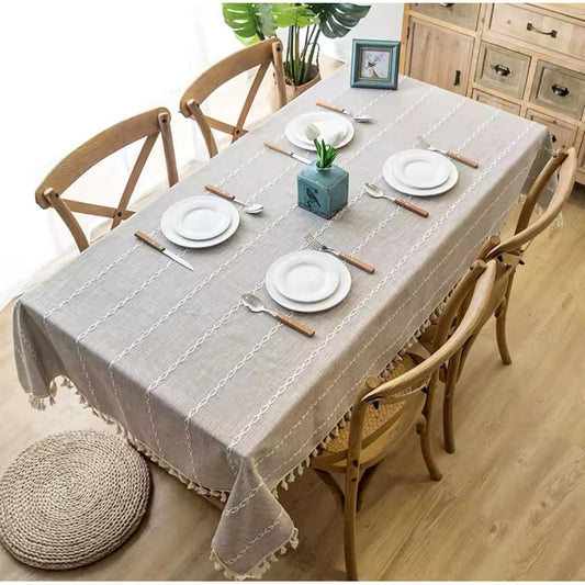 Mantel De Lino Y Algodón Rectangular Elegante 200 X 140cm Beige Cuadrados