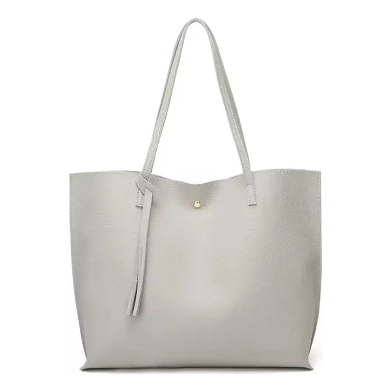 Cartera Mujer Bolso Dama Grande De Mano Cuerina Eco Cuero 1 Gris Lisa