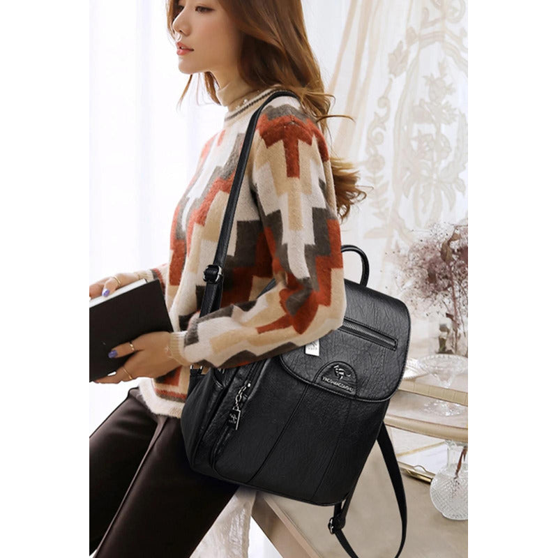 Mochila Eco Cuero Dama Mujer Bolso Impermeable Solapa 2