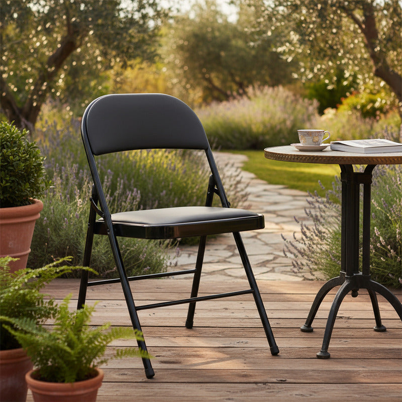 Silla Plegable De Acero Acolchonada Eco Cuero Resistente X2 Negro Eco Cuero