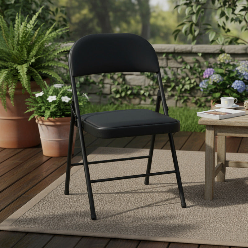 Silla Plegable De Acero Acolchonada Eco Cuero Resistente Negro