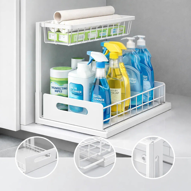 Organizador De Cocina Bajo Mesada Deslizante Multiuso Baño Blanco
