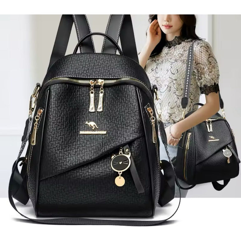Mochila Mujer Eco Cuero Urbana Bolso Dama Antirrobo Negro Negro Liso