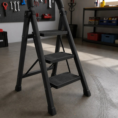 Escalera Antideslizante 3 Escalones Plegable Peldaños Anchos Negro