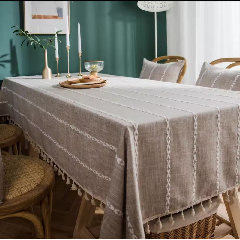 Mantel De Lino Y Algodón Rectangular Elegante 200 X 140cm Gris Cuadrados