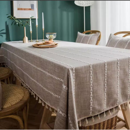 Mantel De Lino Y Algodón Rectangular Elegante 200 X 140cm Gris Cuadrados